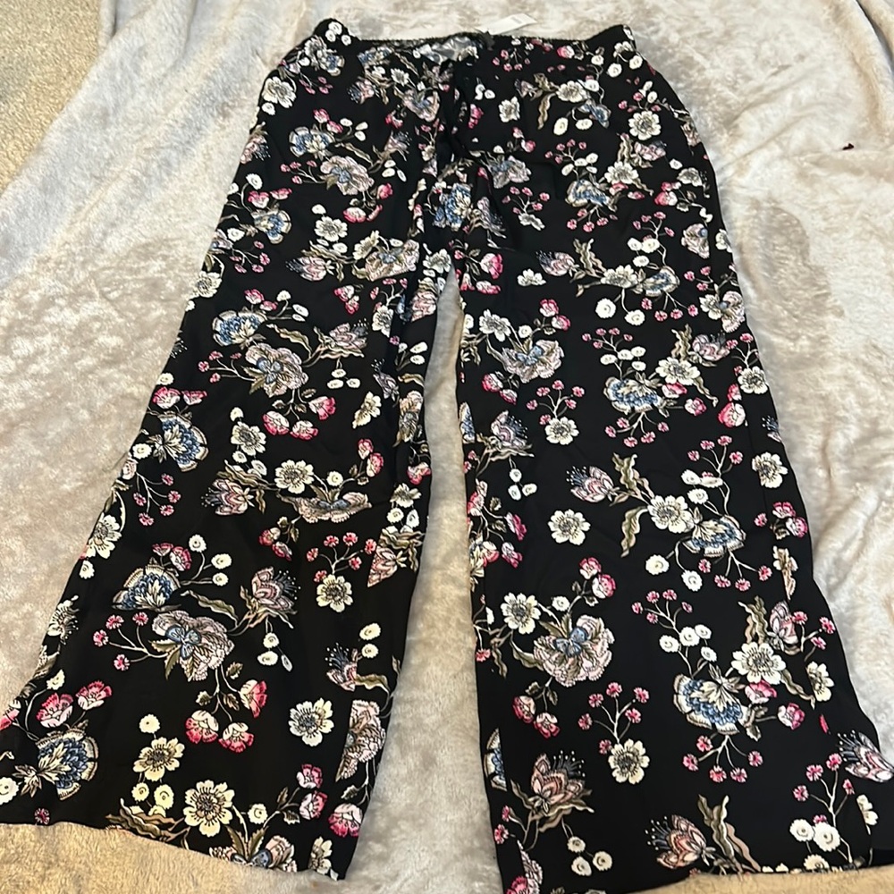 LOFT Black Floral Wide-Leg Pants